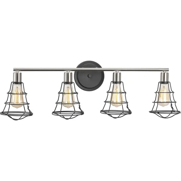The Gauge Collection brings rustic farmhouse charm to bathroom lighting with its graphite finish and four-light configuration, ideal for medium to large vanities seeking character and ample illumination.