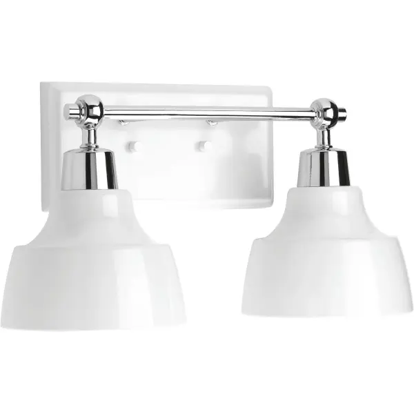 The Bramlett two-light vanity fixture combines farmhouse charm with coastal simplicity through brushed nickel finish and metal shades. JA8 compliant for California installations, it delivers functional lighting for bathrooms. - alternate view