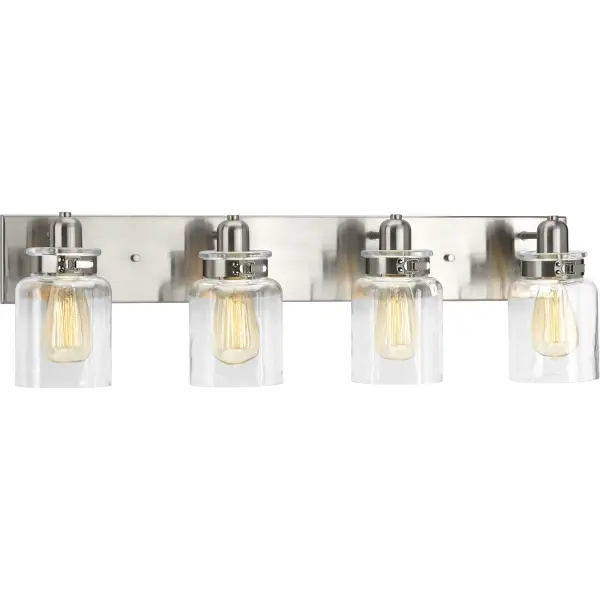 The Calhoun vanity light blends rustic farmhouse style with transitional versatility. Four clear glass shades and brushed nickel finish provide ample illumination while complementing both traditional and contemporary bathrooms.