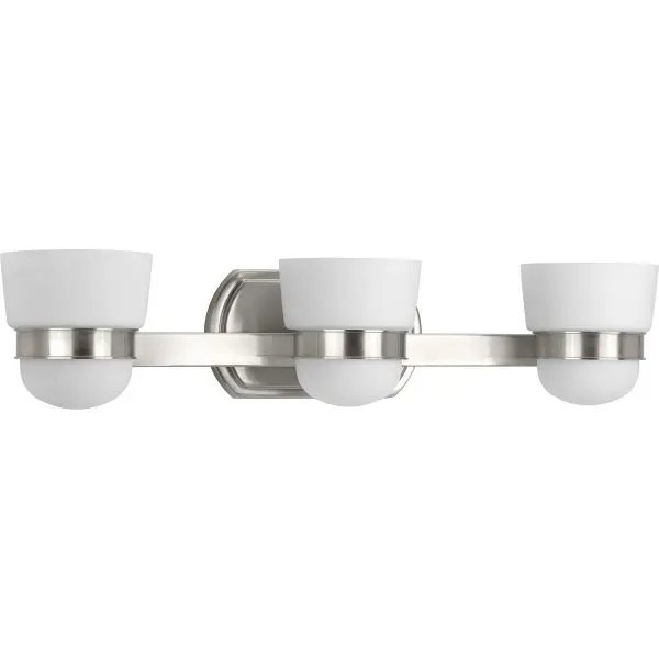 The Index Collection brings contemporary sophistication to bathroom lighting with its sleek three-light design. Brushed nickel finish and glass shades create a refined look perfect for modern bathrooms.