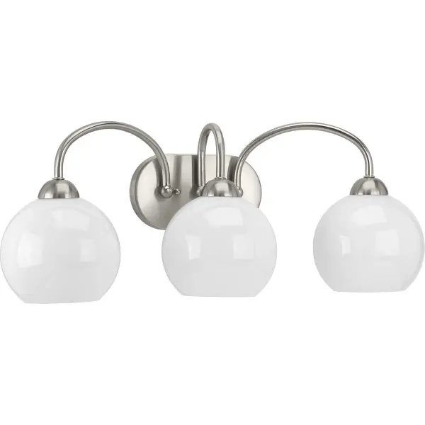 The Carisa vanity light combines timeless opal glass globes with brushed nickel hardware for a sophisticated mid-century aesthetic. Three-light configuration provides excellent task lighting for bathroom vanities. - alternate view