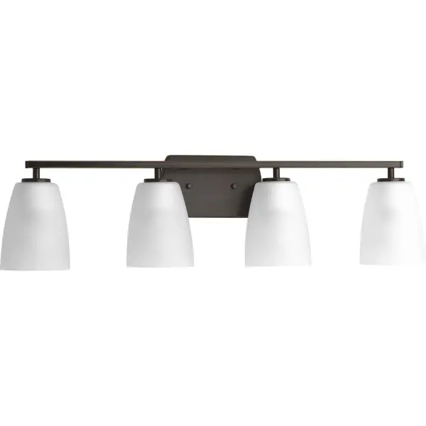 The Leap Collection delivers clean, contemporary styling with four etched glass shades that provide even, flattering illumination. Brushed nickel finish complements modern and transitional bathrooms while JA8 compliance ensures energy efficiency.