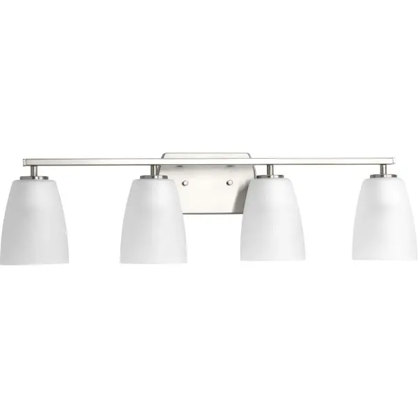 The Leap Collection delivers clean, contemporary styling with four etched glass shades that provide even, flattering illumination. Brushed nickel finish complements modern and transitional bathrooms while JA8 compliance ensures energy efficiency. - alternate view