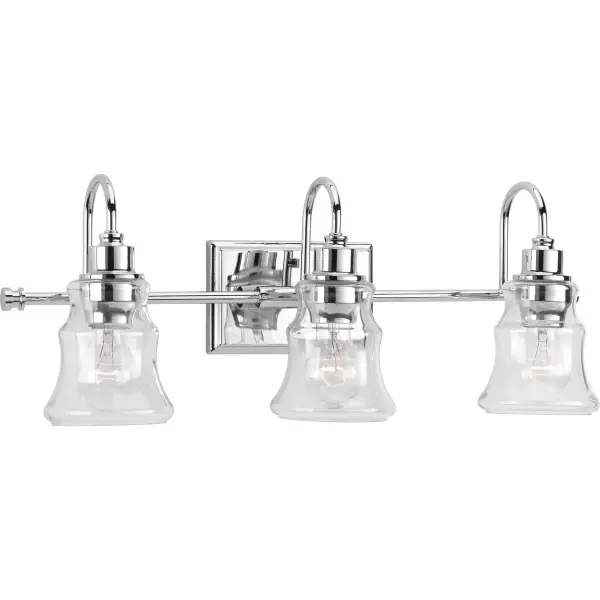 The Litchfield three-light vanity fixture brings coastal elegance to bathroom spaces with polished chrome finish and clear glass cylinders. JA8 compliant for California energy standards, ideal for modern coastal homes.