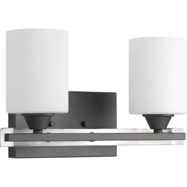 The Dart Collection vanity light combines sleek graphite finish with etched glass shades for even, flattering bathroom illumination. JA8-compliant for California energy standards, this two-light fixture offers modern styling at an accessible price point.