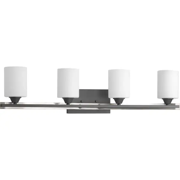 The Dart Collection vanity light combines sleek graphite finish with etched glass shades for even, flattering bathroom illumination. Four lights provide ample brightness for grooming tasks while the modern design complements contemporary spaces.