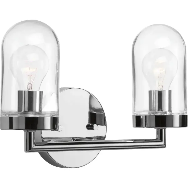 The Signal Collection brings coastal elegance to bathroom lighting with its polished chrome finish and clear glass shades. This two-light vanity fixture offers bright, functional illumination while maintaining a clean, contemporary aesthetic.