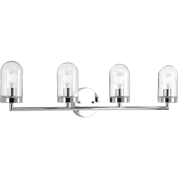 The Signal Collection brings coastal elegance to bathroom lighting with four clear glass shades and polished chrome finish. Perfect for medium to large vanities, this fixture provides ample illumination while maintaining a clean, contemporary aesthetic.