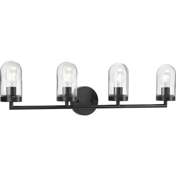 Celebrate a blend of industrial flavor and modern sensibility with the Signal four-light bath. A stunning quartet of clear, blown glass shades each harbor their own exposed light bulb. A long, Graphite-finished bar and circular backplate finish off this flawless design, making to fit to exile shadows from any hallway, bathroom or dressing table mirror, or wherever task light is desired. Collection: Signal Rooms: Bathroom Finish: Graphite Glass: Clear Width: 33.50" Height: 9.13" Length: 33.50" Weight: 6.01 lb Extension from Wall: 5.38" Top to Outlet: 2.63" Wire: 6" Canopy: 5.125"x1"x5.125" Number of Bulbs: 4 Maximum Wattage: 60.00 W Bulb Type: A19 Bulb Base: E26 Light Source: Incandescent Voltage: 120.00 V Material: Steel Country of Origin: CN Safety Listing: cULus Safety Rating: Damp Title 20 Manufacturer Warranty: 1-year Limited Warranty Spec Sheet Parts Diagram