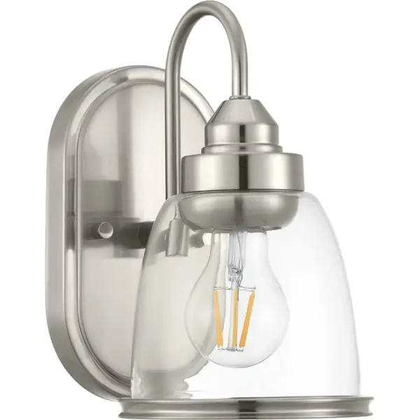 The Saluda bath light brings coastal charm to smaller bathrooms with its brushed nickel finish and clean design. JA8 compliant for California installations, this single-light fixture offers efficient illumination. - alternate view