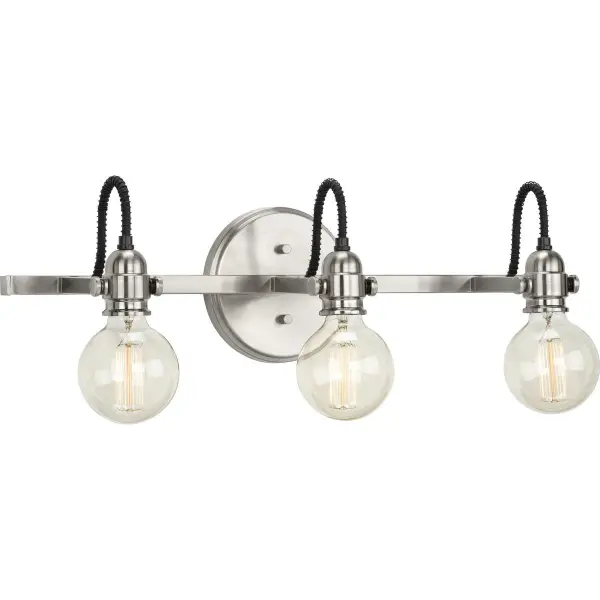 The Axle Collection brings urban industrial style to bathroom lighting with three exposed bulbs and brushed nickel finish. Perfect for modern farmhouse or contemporary bathrooms seeking character and ample illumination.