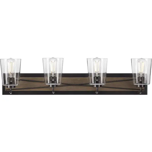 The Briarwood four-light vanity brings rustic elegance to larger bathrooms with its clear glass shades and antique bronze finish. JA8-compliant for California installations, it delivers ample illumination while adding coastal-farmhouse character.