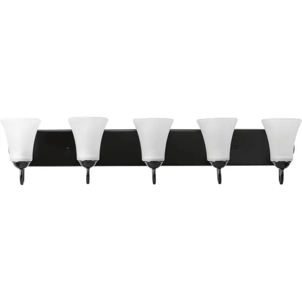 This traditional bath vanity light combines five etched glass shades with a sophisticated black finish, delivering ample illumination for grooming tasks while adding refined style to any bathroom space.