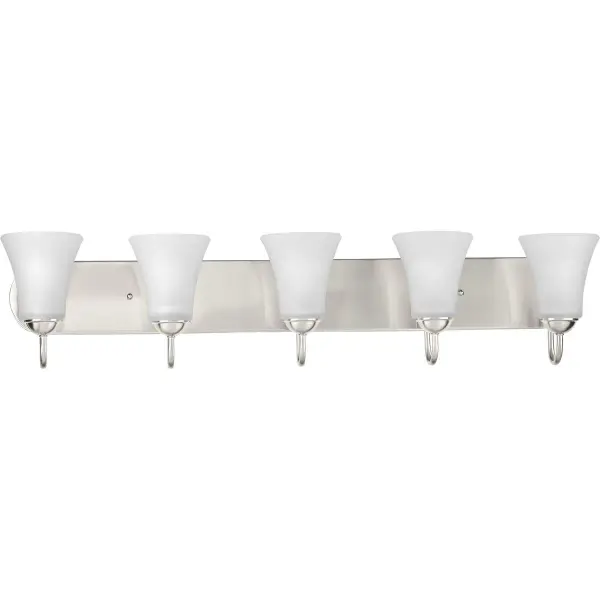 This traditional bath vanity light combines five etched glass shades with a sophisticated black finish, delivering ample illumination for grooming tasks while adding refined style to any bathroom space. - alternate view