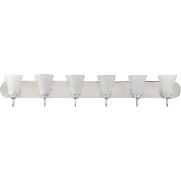 This Classic Collection vanity light delivers abundant, even illumination across larger bathroom mirrors with six etched glass shades. The brushed nickel finish and traditional design complement a wide range of décor styles. - alternate view