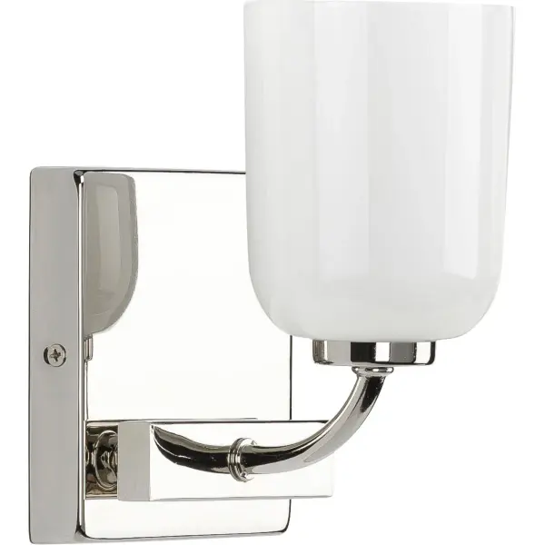 The Moore Collection vanity light combines brushed nickel hardware with white opal glass for a versatile, modern aesthetic. Its single-light design provides focused task lighting ideal for smaller bathrooms. - alternate view