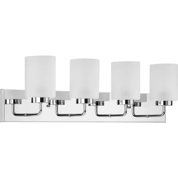 The Merry Collection vanity light combines transitional styling with practical four-light illumination. Etched glass shades provide soft, even lighting ideal for bathroom tasks while the brushed nickel finish complements a wide range of décor styles. - alternate view