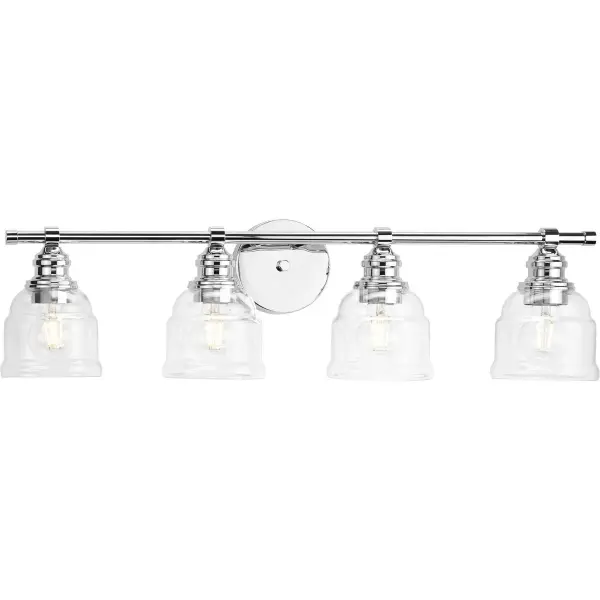 The Ambrose four-light vanity fixture combines farmhouse charm with coastal elegance through clear glass shades and polished chrome finish. JA8 and Title 22 compliant for California installations.