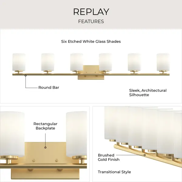 Replay Collection Six-Light Etched White Glass Bath Vanity Light - Image 16
