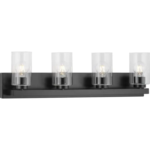 The Goodwin vanity light combines brushed nickel finish with clear glass shades for a versatile contemporary look. Four lights provide excellent illumination for bathroom tasks while the clean design complements modern decor.