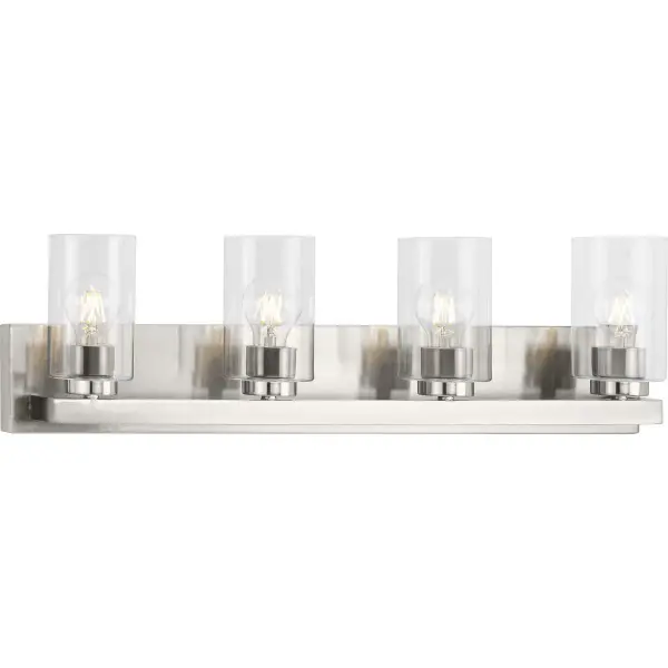 The Goodwin vanity light combines brushed nickel finish with clear glass shades for a versatile contemporary look. Four lights provide excellent illumination for bathroom tasks while the clean design complements modern decor. - alternate view