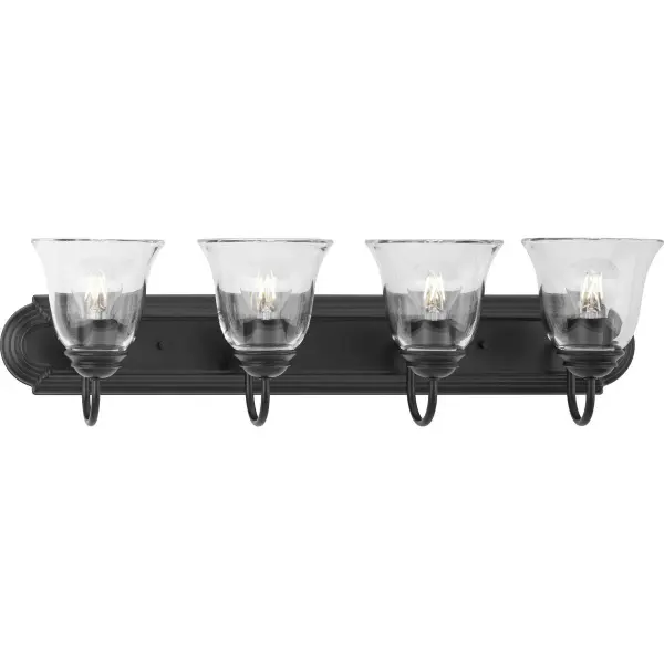 This traditional four-light vanity fixture combines brushed nickel metalwork with clear glass shades for bright, even bathroom illumination. JA8 and Title 20/22 compliant for California installations.