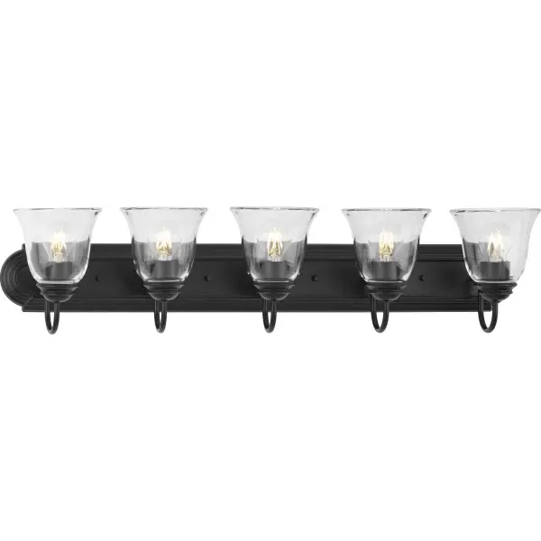 This traditional five-light vanity fixture combines matte black finish with clear glass shades for versatile bathroom lighting. Ideal for medium to large vanities, it provides ample illumination while maintaining a clean, classic aesthetic.