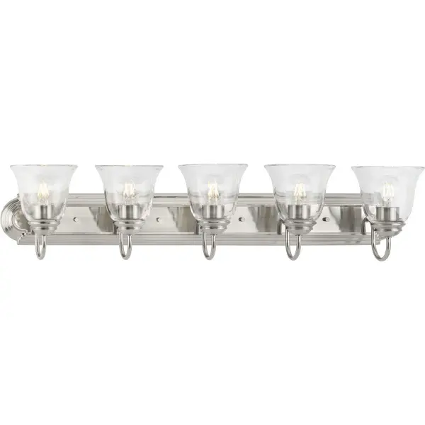 This traditional five-light vanity fixture combines matte black finish with clear glass shades for versatile bathroom lighting. Ideal for medium to large vanities, it provides ample illumination while maintaining a clean, classic aesthetic. - alternate view