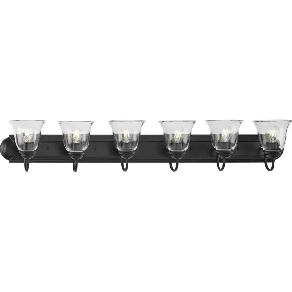 This traditional six-light vanity fixture combines brushed nickel finish with clear glass shades for timeless style and excellent task lighting. Perfect for larger bathrooms requiring ample illumination.