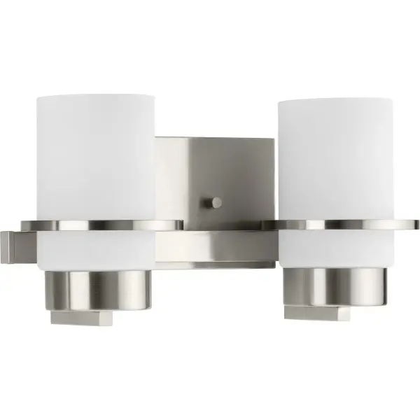 The Reiss Collection brings contemporary elegance to bathroom lighting with its brushed nickel finish and two-light design. Perfect for modern farmhouse and contemporary spaces, this JA8-compliant fixture offers energy efficiency. - alternate view