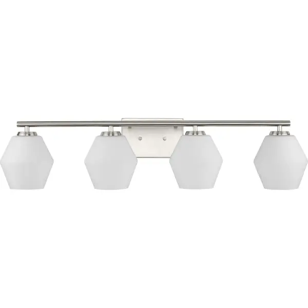 The Copeland vanity light brings mid-century modern elegance to bathroom spaces with its clean lines and brushed nickel finish. Four lights provide excellent illumination for grooming tasks while the timeless design complements both contemporary and transitional interiors.