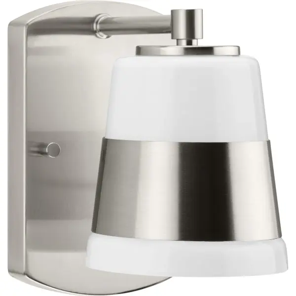 The Haven bath light combines mid-century inspired opal glass with brushed nickel for a versatile, code-compliant fixture perfect for modern bathrooms. Its compact single-light design works beautifully in powder rooms or as multiples over larger vanities.