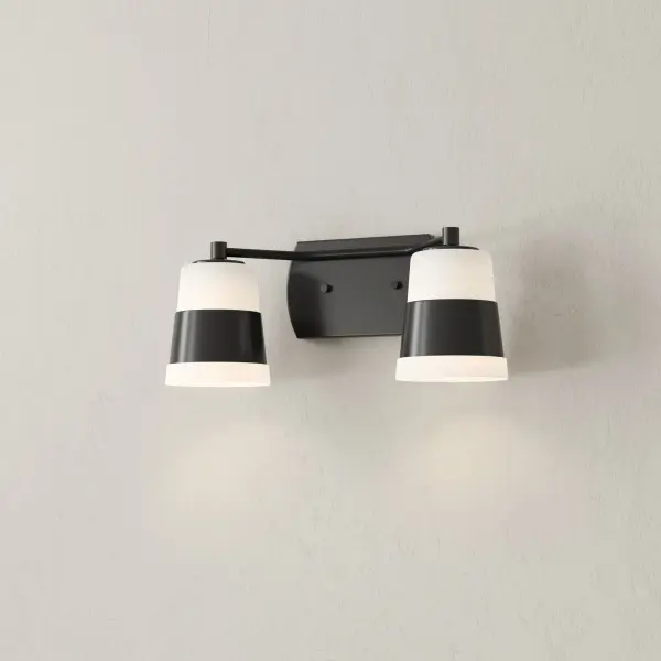 The Haven Collection combines timeless opal glass globes with brushed nickel hardware for a sophisticated vanity solution. Title 24 and JA8 compliant, this two-light fixture delivers both style and California energy efficiency. - alternate view
