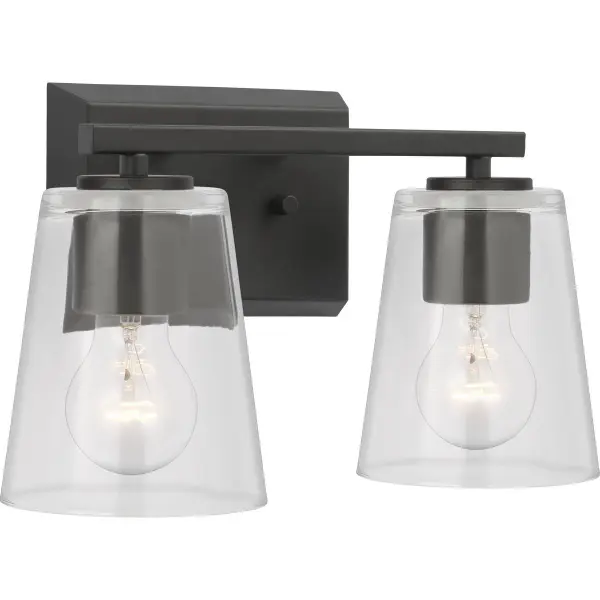 The Vertex bath light combines contemporary styling with practical illumination. Its brushed nickel finish and clear glass shades create a clean, sophisticated look perfect for modern bathrooms. - alternate view