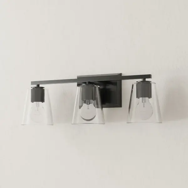 The Vertex Collection combines contemporary design with transitional versatility. Three clear glass shades provide bright, even illumination while the brushed nickel finish adds a refined touch to any bathroom.