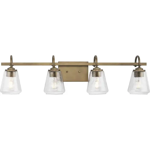 The Martenne four-light vanity fixture combines rustic farmhouse charm with transitional versatility. Its aged bronze finish and clear glass shades provide ample illumination while adding character to bathroom spaces.