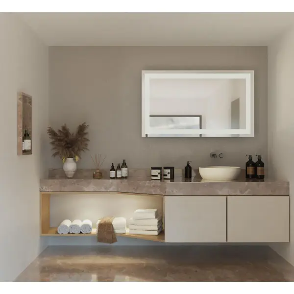 The Captarent 60" illuminated mirror combines generous size with integrated LED technology and color temperature selection. Perfect for double vanities, it provides even, adjustable lighting for grooming tasks. - alternate view