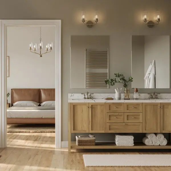 The Celino two-light vanity fixture offers a refined brushed nickel finish that complements both traditional and contemporary bathrooms. Its compact profile makes it ideal for powder rooms and guest baths. - alternate view