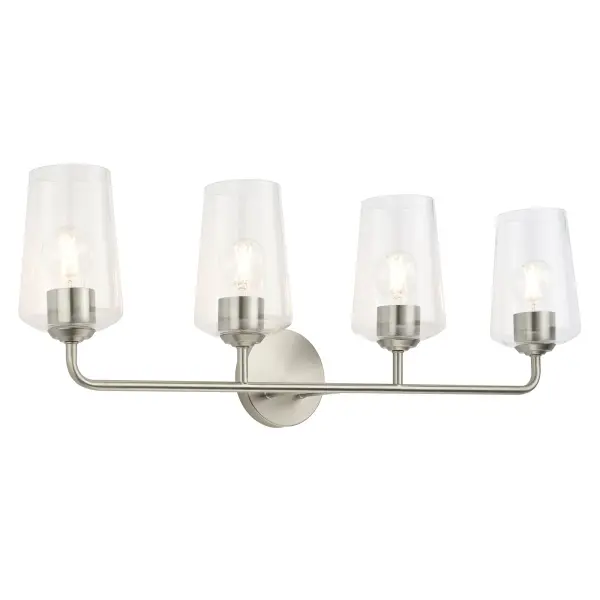 The Celino four-light vanity fixture combines transitional styling with practical illumination for bathroom spaces. Its brushed nickel finish and clean lines complement various design aesthetics.