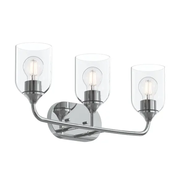 The Ilia three-light vanity combines updated traditional styling with contemporary appeal. Its brushed nickel finish and clean lines provide excellent task lighting for bathrooms while complementing a wide range of décor styles. - alternate view