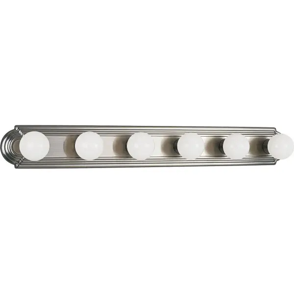 The Broadway Collection delivers traditional elegance with six lights providing ample illumination for larger bathroom vanities. Its brushed nickel finish and glass shades offer versatile styling that complements both classic and transitional interiors.