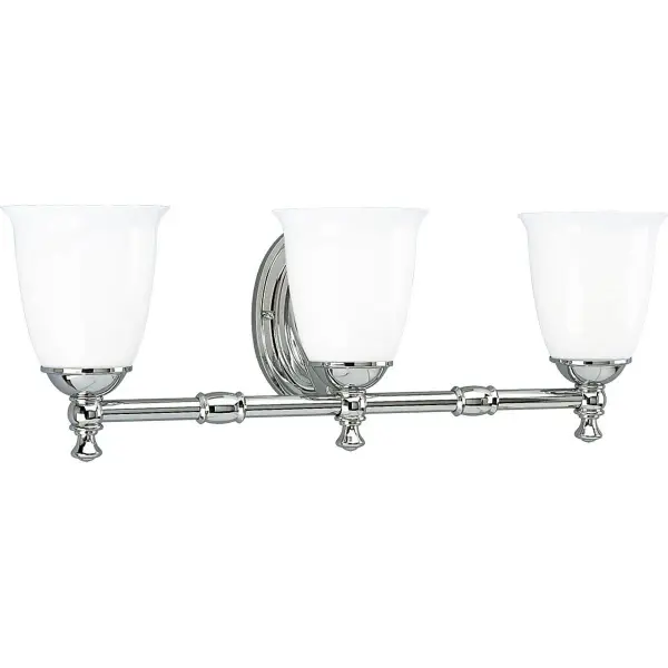 This three-light vanity fixture combines timeless Victorian elegance with farmhouse simplicity. The brushed nickel finish and white opal glass shades provide soft, even illumination perfect for bathroom tasks while adding sophisticated style.