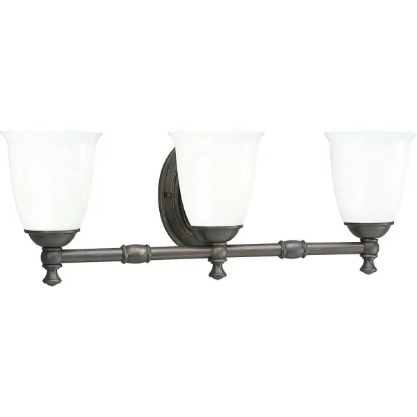 This three-light vanity fixture combines timeless Victorian elegance with farmhouse simplicity. The brushed nickel finish and white opal glass shades provide soft, even illumination perfect for bathroom tasks while adding sophisticated style. - alternate view