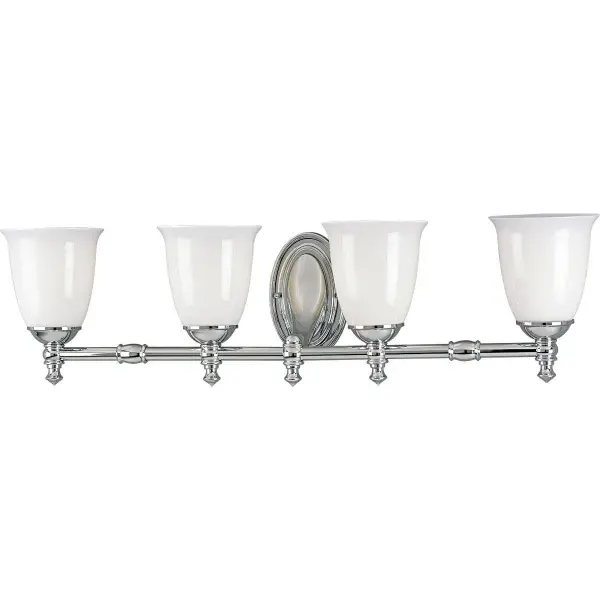 This four-light vanity fixture combines timeless Victorian design with contemporary brushed nickel finish and white opal glass shades. Perfect for medium to large bathrooms seeking traditional charm with ample illumination. - alternate view