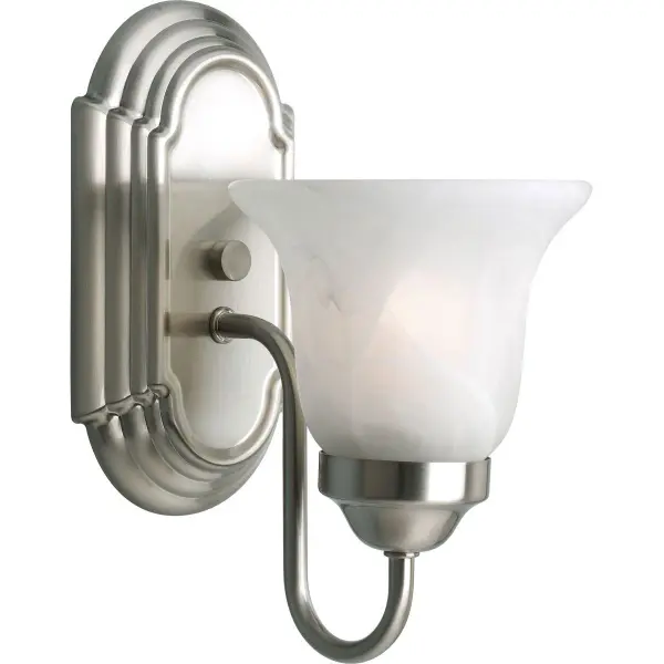 This elegant single-light vanity fixture combines traditional alabaster glass with brushed nickel hardware for a refined bathroom lighting solution. JA8 compliant for California energy standards.