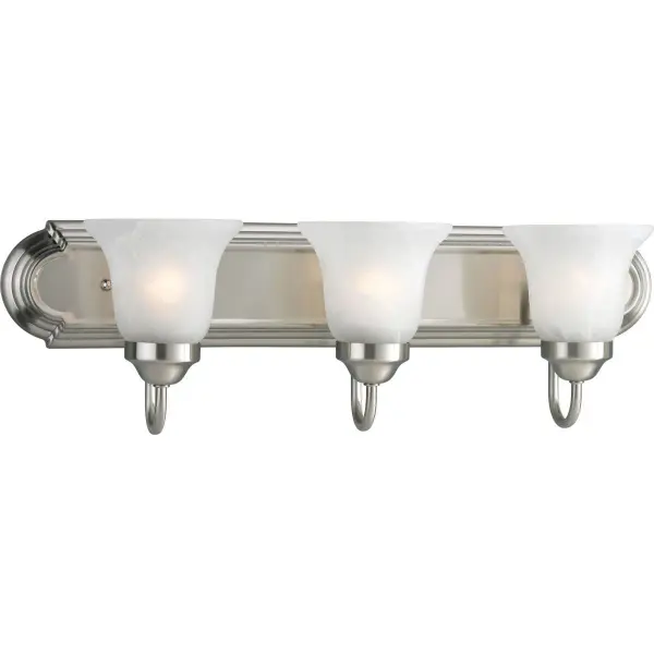 This three-light vanity fixture combines traditional elegance with practical bathroom lighting. The alabaster glass shades provide soft, diffused illumination while the brushed nickel finish adds a refined touch.