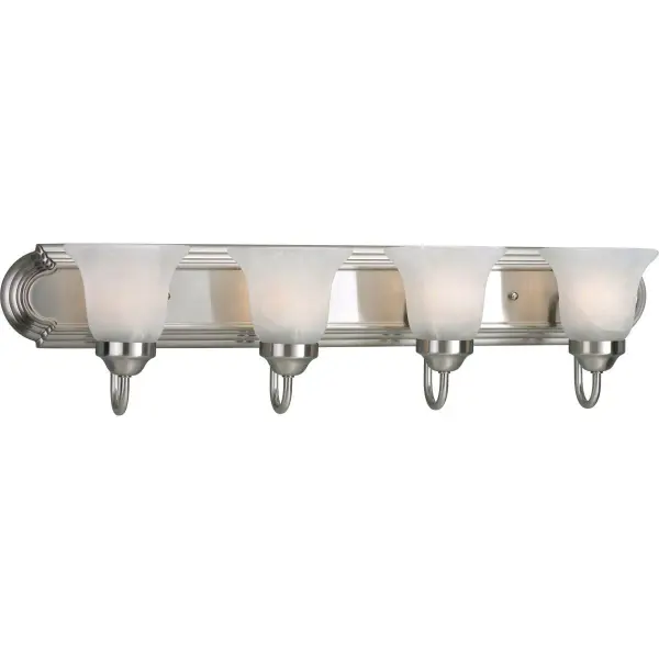 This four-light vanity fixture combines traditional elegance with practical bathroom lighting. The alabaster glass shades provide soft, diffused illumination while the brushed nickel finish adds a refined touch.