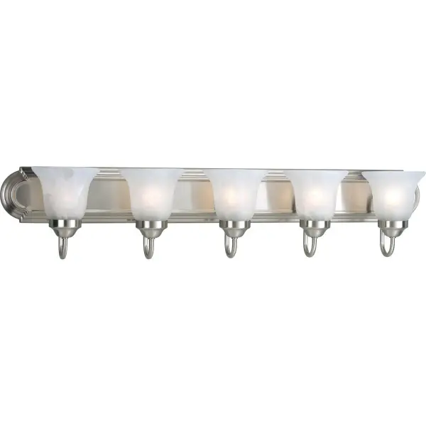 This traditional five-light vanity fixture combines brushed nickel finish with alabaster glass shades for timeless bathroom elegance. Perfect for larger vanities, it provides ample illumination while adding sophisticated style.