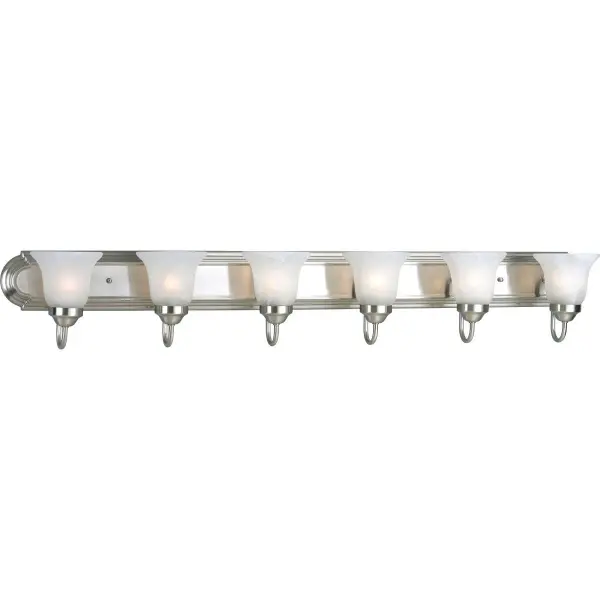 This traditional six-light vanity fixture combines brushed nickel finish with alabaster glass shades for timeless bathroom elegance. Perfect for larger vanities, it provides ample illumination while adding sophisticated style.