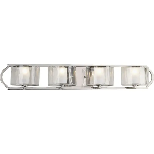 The Caress Collection brings sophisticated style to bathroom lighting with four clear water glass shades and polished nickel finish. Perfect for medium to large vanities, this fixture combines transitional elegance with practical illumination.